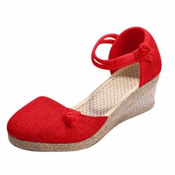 Respctful?women Platform Wedges Espadrille Heel Soft Ankle-tie Sandals High Heel Sandals With Adjustable Strap Red
