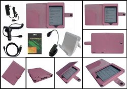 Ishoppingdeals - Pink Pu Leather Case Book Light Charger Cable View Stand Bundle For Amazon Kindle Touch Wifi 3G 6" E-ink