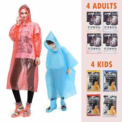 Saphirose 8 Packs Disposable Ponchos Family Pack Emergency Raincoats For Men Women Kids