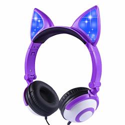 Lobkin Foldable Wired Over Ear Kids Headphone With Glowing Light For Girls Children Cosplay Fans Cat Ear Headphones Purple