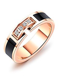 Lineave Women's Stainless Steel Cubic Zirconia Black Enamel Ring Rose-gold-color Size 8 3D5301S08
