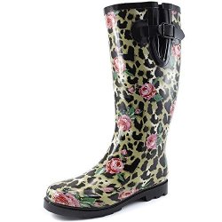 Women's Puddles Rain And Snow Boot Multi Color Mid Calf Knee High Rainboots Leopard Rose 9 B M Us