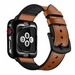Ouheng Compatible With Apple Watch Band With Case 42MM Sweatproof Genuine Leather And Rubber Hybrid Band With Soft Tpu Case Watch Band Strap Compatible