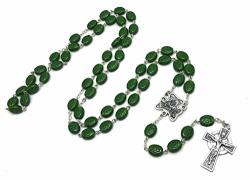 Elysian Gift Shop 24" Irish Shamrock Beads Green Rosary With Silver Tone Celtic Cross And Our Lady Of Knock Medal Centerpiece