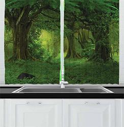 Nature Kitchen Curtains Deep Tropical Jungle Trees Foliage In The Woodland Himalayas Meditation Landscape Window Drapes 2 Panel Set For Kitchen Cafe Decor 55" X 39" Green