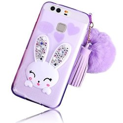Huawei P9 Plus 5.5" Case Cute Sunroyal Soft Transparent Tpu 3D Adorable Cartoon Rabbit Stand Bling Diamond Silicone Ear Scratch Resistant Ultra Thin Case
