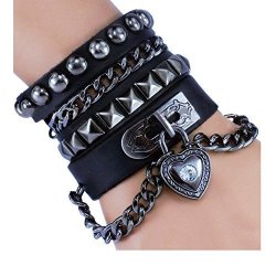 I Love You Heart Trendy Dark Black Wide Cuff Leather Strap Bracelet Multi Circle Rivet Chain Double 2X Wrap