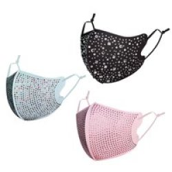 Ice Cooling Microfibre Sparkling Rhinestone 3D Face Mask 3 Piece Black blue pink