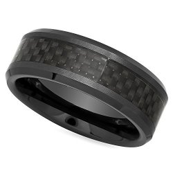 The Bling Factory Men's Black Ceramic 8MM Comfort Fit Ring With Black Carbon Fiber Inlay Size 8.5 + Jewelry Cloth