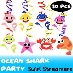 Baby Cute Shark Foil Swirls Streamers Perfect For Baby Shower Boy Girl Kids Child Ocean Birthday Doo Doo Party Decoration - 30 Pcs No Diy Required