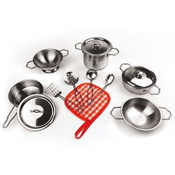 KIDAMI 13 Pieces Kitchen Pretend Toys Stainless Steel Cookware Playset Varieties Of Pots Pans & Cooking Utensils For Kids Fit Little Baby Tiny Hand Original