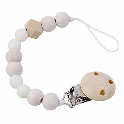 Shengyuze Baby Products Accessories Lovely Wooden Beads Chain Infant Baby Soother Toy Teether Pacifier Clip Holder - White