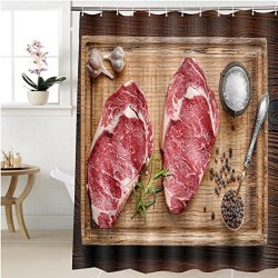 Gzhihine Shower Curtain Fresh Raw Beef Steak On Wooden Cutting Board Top View Bathroom Accessories 72 X 96 Inches