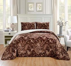 Chezmoi Collection 3-PIECE Velvet Sherpa Quilt Set - Lightweight Warm Cozy Fluffy Plush Reversible Bed Blanket Comforter - King Paisley Brown