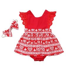 CHRISTMAS Toddler Newborn Kids Baby Girls Dress Clothes Romper Playsuit + Headband Outfits 12-18 Months Red-baby Romper