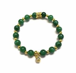 Natural Green Jade Stone And Cute Beaded Charm Bracelet. Stretch. Heart Chakra. Dream Stone. Gold Toned Accents. Luxurious Style. Heart Chakra.
