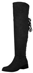 Refresh Footwear Women's Over The Knee Thigh High Lace Up Back Low Block Heel Boot 6 B M Us Black