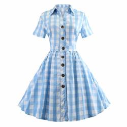 Rakkiss Women Dress Plaid Dress Print Dress Lapel Dress Vintage Dress A-line Skirt Hepburn Skirt Light Blue