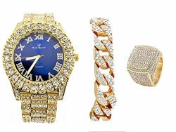 Mens Gold Big Rocks Bezel Royal-blue Dial With Roman Numerals Fully Iced Out Watch W cuban Chain Bracelet & Ring Size 10 - Royal Blue gold
