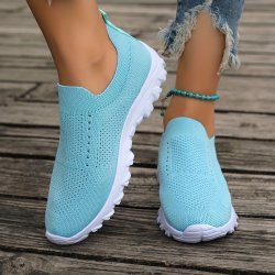 Women's Solid Color Knitted Sneakers Slip On Lightweight Soft Sole Mesh Shoes Breathable Low-top Daily Footwear