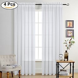 95 Inches Sheer Curtain Panels - Rod Pocket Design Thick Linen Semi-sheer Window Treatments For Villa Apartment Hotel In Solid Pure White