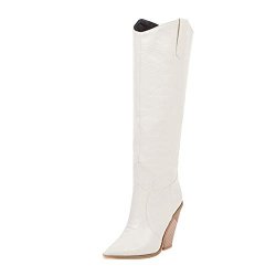Henwerd Women's Chunky Heel Knee High Boots Comfortable Pointed Toe Western Cowboy Boots White 8 Us