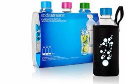 Original Sodastream Carbonating Bottle Three Pack Blue Pink Green 1 Liter 3.38 Ounce Lasts Up To Three Years - Bottle Sleeve Included - New Design Launched 2017