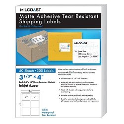 Milcoast Matte Adhesive Tear Resistant Waterproof Shipping Labels - For Inkjet Laser Printers Size 3 1 3 X 4 Each - For Shipping Fba Stickers Labels Arts Crafts 50 Sheets