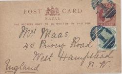 Natal 1892 Qv Pscard With Additional Half D With Blue Bonc 1 To Uk Very Fine