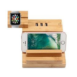 Powstro Apple Watch Stand Bamboo Wood Charging Dock Stand Holder Detachable Iwatch 3A USB Charging Station With 4-SLOTS & 3 USB Ports For Iphone