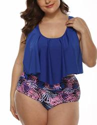 Hilor Women's High Waisted Bikini Plus Size Swimwear Crop Flounce Two Piece Bathing Suits Blue 4XL Us 22