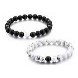 Looyar Couples Bracelet His And Hers Distance Bracelet Black Matte Agate & White Howlite 8MM Beads Bracelet 1