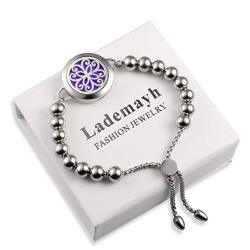 Lademayh Stainless Steel Diffuser Bracelet Aromatherapy Essential Oil Diffuser Locket Jewelry For Women Adjustable Bead Bracelet 12 Felt Pads