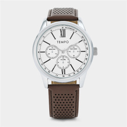 Mens Silver Plated Beige Dial Brown Leather Watch