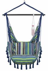 VITA5 Hanging Chair 2 Cushions Drinks & Book Holder 500 Lbs Weight Capacity Hammock Chair For Bedrooms Swing Chair For Indoor & Outdoor Blue green white