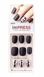 Kiss Impress Press-on Manicure Matte Black Nails 67978 Claim To Fame Matte Black Nails W shiny Silver-toned Accent Nails