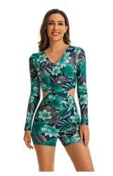 Women's Criss-cross Teal Floral Leaf Long Sleeve Boxer Swimwear - XL