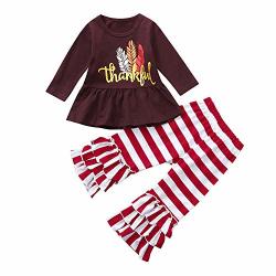 Yesyes Little Girls Thanksgiving Outfit Set Long Sleeve Letter Printed Thanksful Tops + Striped Ruffle Leggings 2 Piece Clothing For 1-4 Years Old Girls