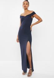 Missguided Bardot Wrap Front Split Maxi Dress - Navy