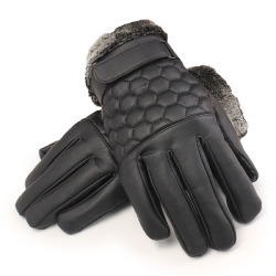 Men Male Pu Leather Grid Driving Gloves Screen Touch Coral Fleece Linen Skidproof Windproof Mittens