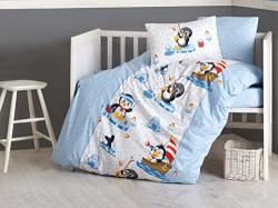 100% Cotton Cute Penguins Themed Nautical Nursery Baby Bedding Set Toddlers Crib Bedding For Baby Boys Duvet Cover Set With Comforter Blue