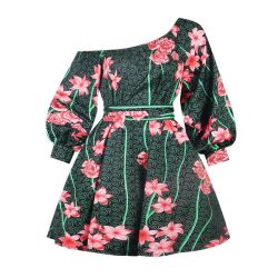 Floral Print Belted Midi Long Sleeve Off Shoulder Women's Dress
