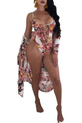 Aro Lora Women's Floral Print Lace Up Bikini One Piece Swimsuit+ponchos Cover Ups Large Pink