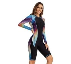 Women's Rainbow Stripe Long Sleeve Shorts Swimwear - M
