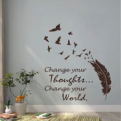 Wall Decal Decor Buddha Wall Decal Quote - Change Your Thoughts Change Your World With Birds Feather Mural Vinyl Lettering Sticker Living Room Dark Gray