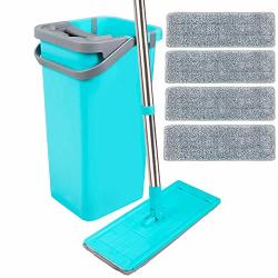 Kalokelvin Microfiber Mop And Bucket System With 4 Washable Flat Microfiber Mop Pads For Home Bathroom Windows kitchen office Corner Floor Cleaning