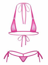 Feeshow Womens Mesh Sheer Extreme Micro Brazilian Bikini Halter Bra Top With G-string Swimsuit 2 Hot Pink Onesize
