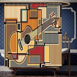 Wanranhome Custom-made Shower Curtain Music Decor Funky Fractal Geometric Square Shaped Background With Acoustic Guitar Figure Art Multi For Bathroom Decoration 72 X 84 Inches