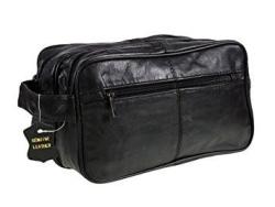Men's Black Genuine Leather Travel Overnight Wash Gym Toiletry Bag Black With 2 Zipped
