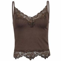 Acsuss Lace Patchwork Crop Top Y2K E Girls Clothes Fairy Grunge Style Cropped Tees Cami Ribbed Knitted Tank Tops Brown 1 L